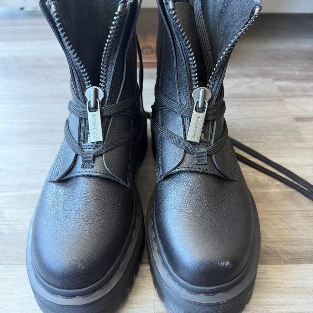 Dr. Martens Black Leather Moto Boots - Jarrick II Zipper Laced Platform style.